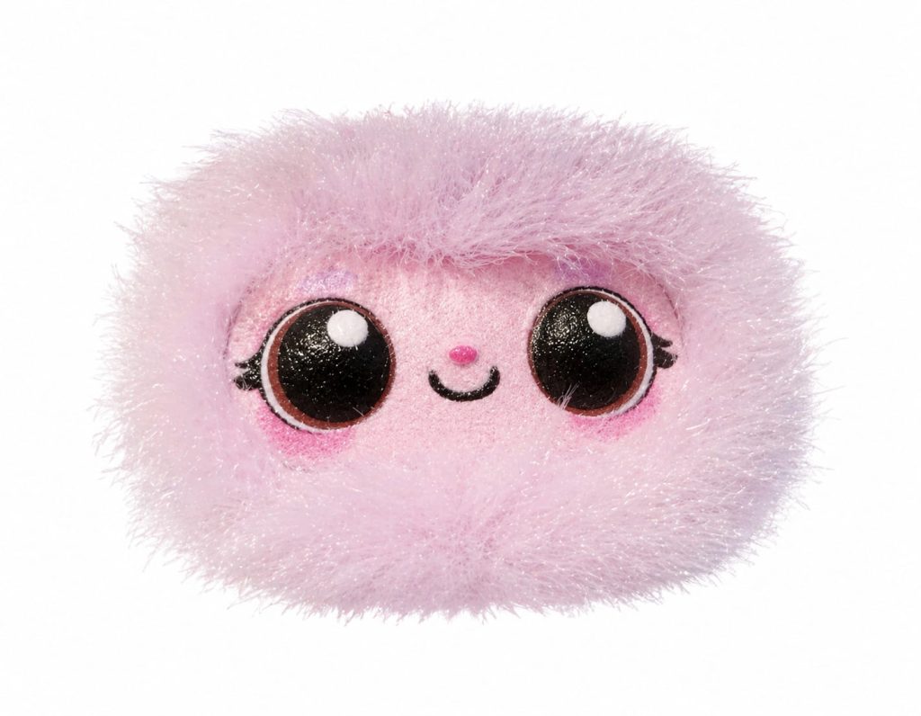 Personnage peluche Peekimo rose avec grands yeux pour présentation produit