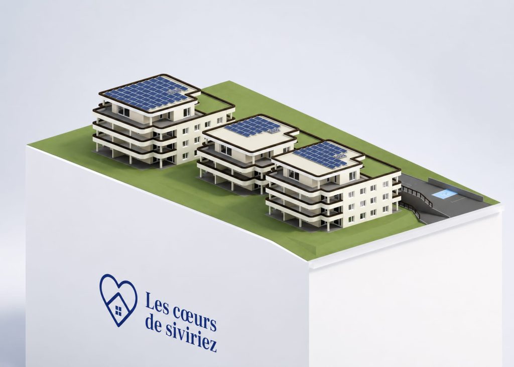 Rendu 3D de maquette immobilière Les Cœurs de Siviriez avec bâtiments résidentiels et panneaux solaires