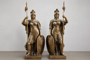 Deux statues grand format effet bronze avec boucliers et lances pour un décor professionnel sur mesure